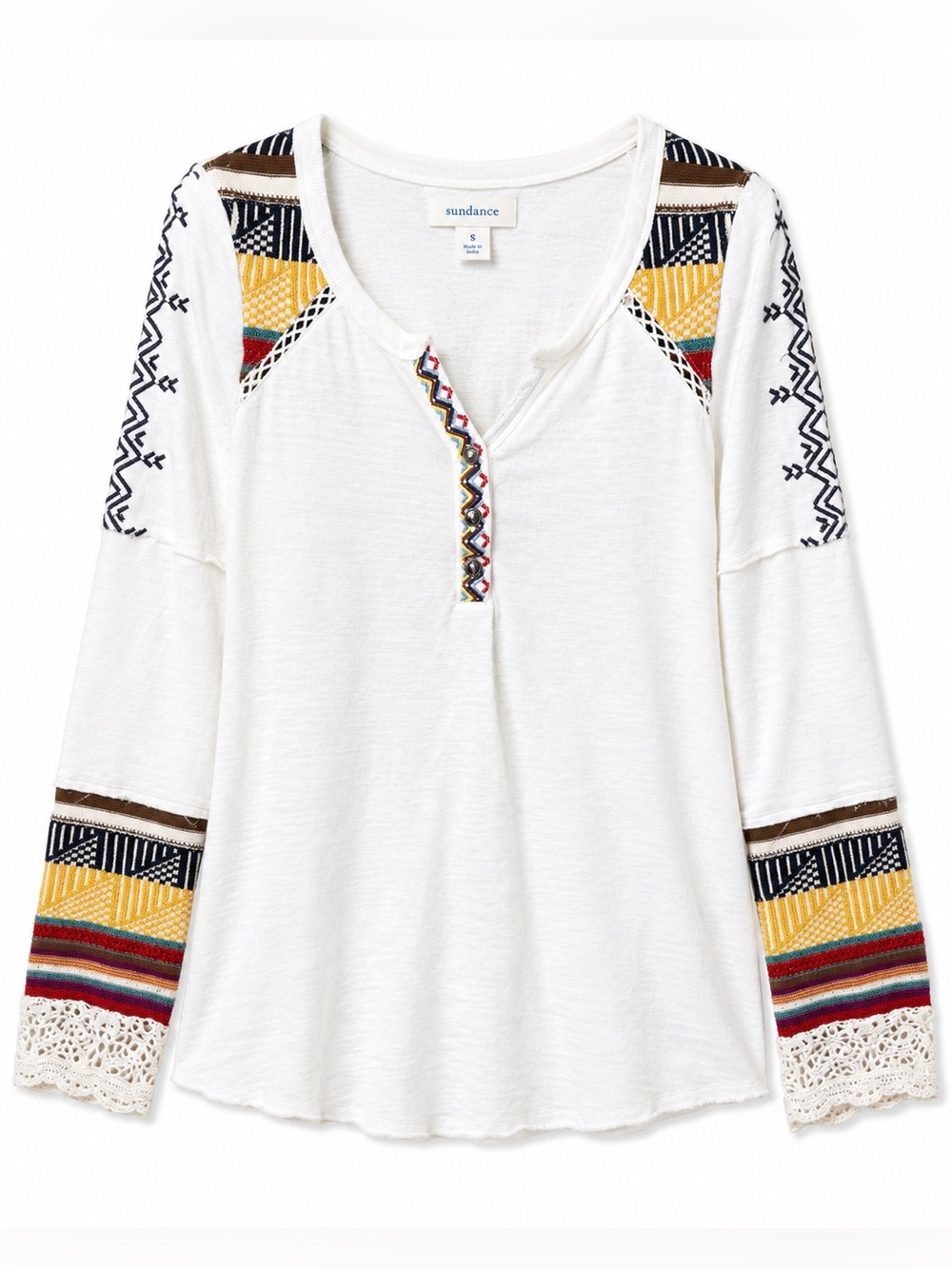Sundance White Embroidered Henley Top S Boho Crochet Sleeves Western Cottagecore